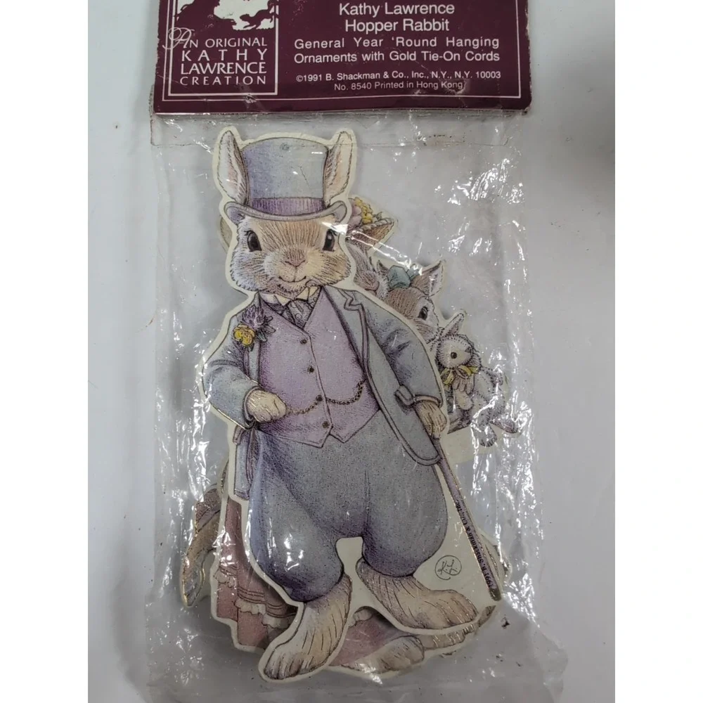 1990 Kathy Lawrence Hopper Rabbit Bunny Die Cut Ornament Old Vtg Toy Easter Gift